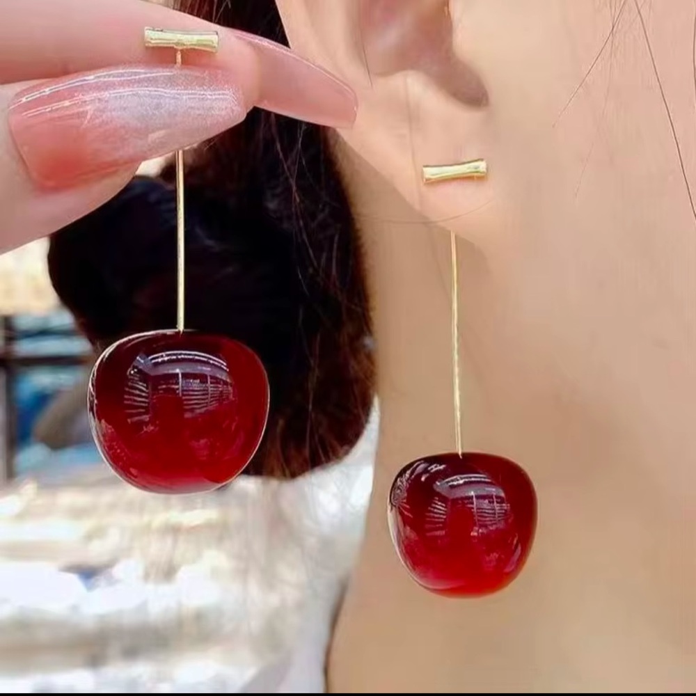 Cherry Earring Dangle , Gold Drop. Dark Red Color